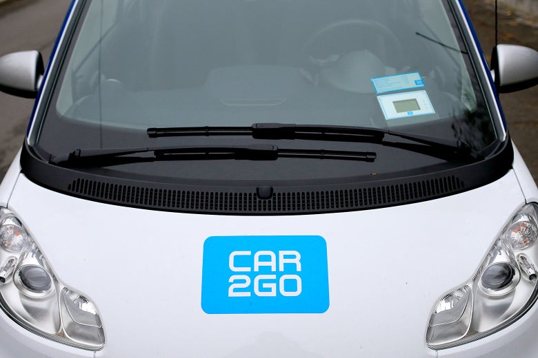 Hood of a car bearing the Car2go logo.